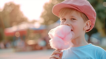 Happy children eating cotton candy in amusement summer park wallpaper background