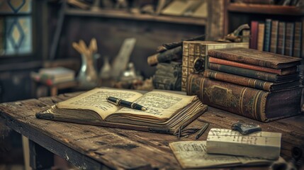  a wooden table topped with lots of books next to a desk with a pen and a stack of books on top of it.