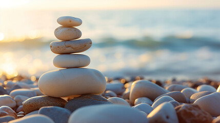Pile of zen stones on the beach. Zen concept.