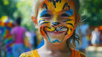 Foto auf Acrylglas Happy children with painted face as jungle animals in amusement summer park wallpaper background © Irina