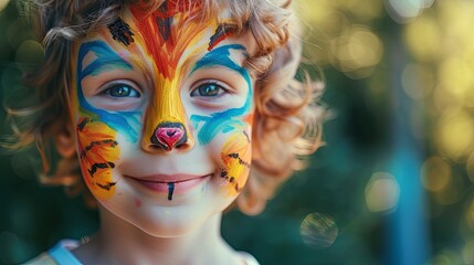 Happy children with painted face as jungle animals in amusement summer park wallpaper background