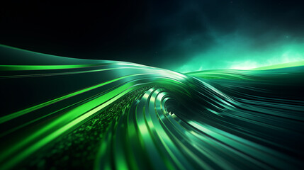 Abstract 3D background of green neon lines sliding down. Modern wallpaper.