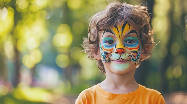Happy children with painted face as jungle animals in amusement summer park wallpaper background