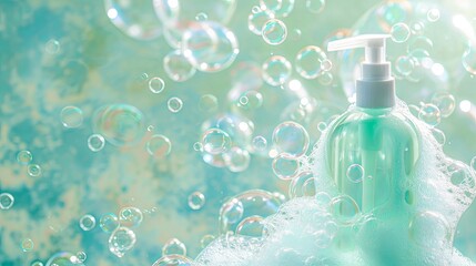 Cosmetic bottle body care foam soap wallpaper background - obrazy, fototapety, plakaty