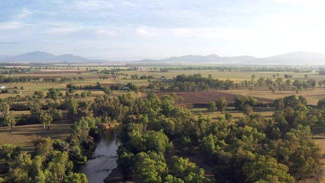 Namoi river at Gunnedah rural regional town in outback Australia &ndash; aerial flying 4k.
