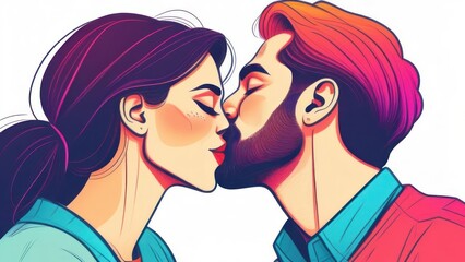 Pop Art couple kissing. Hollywood movies scene of true feelings between young people at first date. . High quality photo. Young couple, bright colors, the man kisses the girl on the nose, very