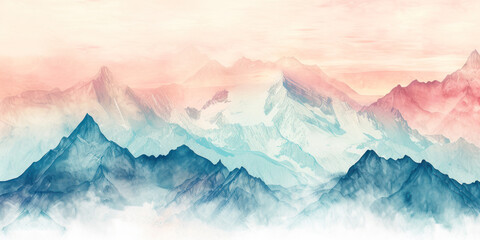 Watercolor mountain peaks, an artistic wallpaper featuring watercolor-style mountain peaks against a pastel sky. - obrazy, fototapety, plakaty