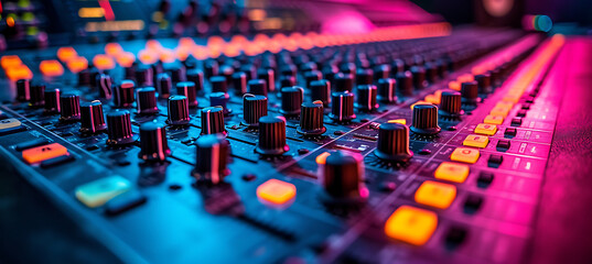 sound mixing board in a recording studio with colorful lights photograph - obrazy, fototapety, plakaty