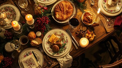  a table topped with plates of food next to candles and plates of food on top of a dining room table.