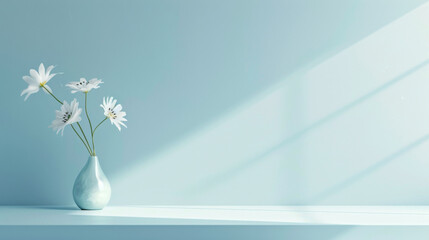 A few delicate white flowers placed in a sleek ceramic vase against a soft blue background with light shadows. Copy space - obrazy, fototapety, plakaty
