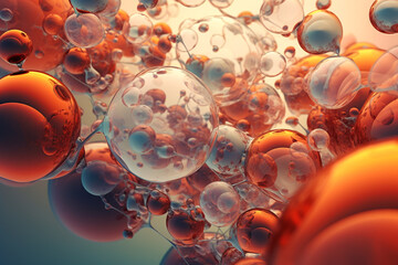 Concept image of abstract chemical bubbles. Beautiful chemical reactions, vivid colors, mixing chemicals and bubbles.