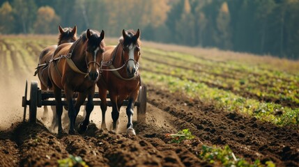  a couple of horses pulling a plow in the middle of a plowed field with trees in the background. - obrazy, fototapety, plakaty