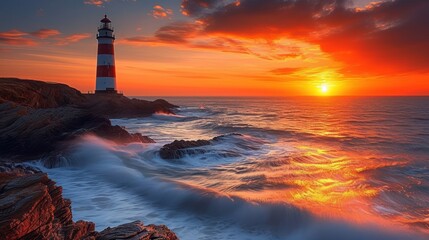 Fototapeta premium a red and white light house sitting on top of a rocky cliff next to a body of water at sunset.