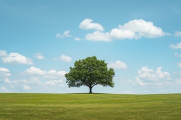 Fototapeta premium A solitary tree stands tall amidst the vast expanse of a lush green meadow, under a canvas of billowing clouds and a clear blue sky, showcasing the peaceful harmony of nature in summertime