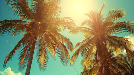 Fototapeta na wymiar Coconut palm trees on blue sky background. Vintage toned