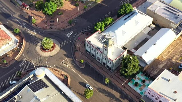 Main street of Gunnedah rural regional town near Town Hall in Australia aerial 4k.
