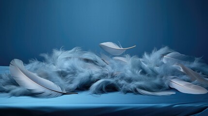 A pile of white feathers on a blue cloth. Generative AI.