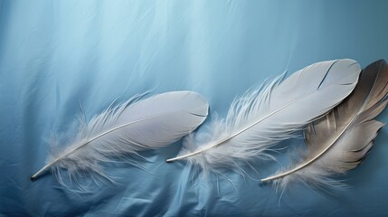 Three feathers on a blue background. Generative AI.