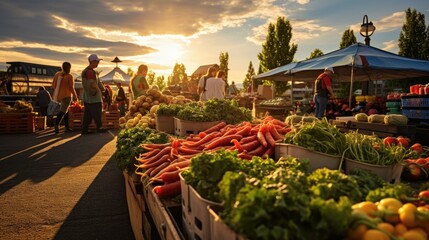 People shopping at an outdoor farmers market at sunset. Generative AI. - Powered by Adobe