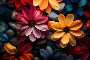 Colorful flowers are arranged in a pattern on a black background. Generative AI.
