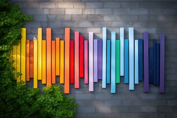 A rainbow colored wall with wooden sticks. Generative AI.