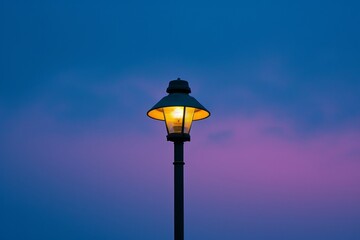 Amidst a purple-hued sky, a solitary street light casts its warm glow onto the quiet outdoor scene, creating a tranquil ambiance in the dark of night