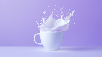  a cup of milk with a splash of milk on top of it in front of a purple and white background.