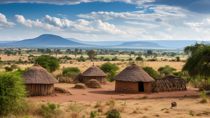 Immerse yourself in an enchanting African village, adorned with traditional thatched huts amidst a breathtaking savanna landscape. Experience the beauty and simplicity of indigenous African culture. - obrazy, fototapety, plakaty