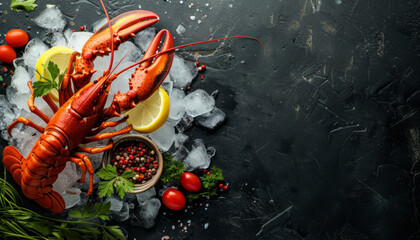Grilled lobster with vegetables. A dish of crayfish on a dark background.