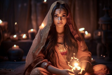 indian woman in traditional attire amidst numerous lit candles, creating a serene and mystical atmosphere, ai generative