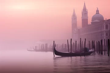 Selbstklebende Fototapeten a serene, misty scene of Venice with a gondola, wooden posts, and an architectural structure under a soft pink sky © larrui