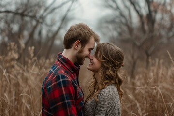 Fototapeta premium Two lovers share a tender moment as they embrace in a winter field, their clothing blending with the autumn foliage and sky as they express their love through a simple kiss