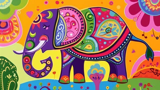  a colorful painting of an elephant in a field with flowers and plants on a sunny day with a blue sky in the background.