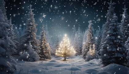 glowing christmas fir tree in winter forest with snowfall