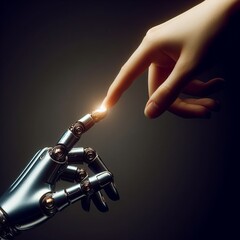 The human hand and the cyborg hand reach out to each other