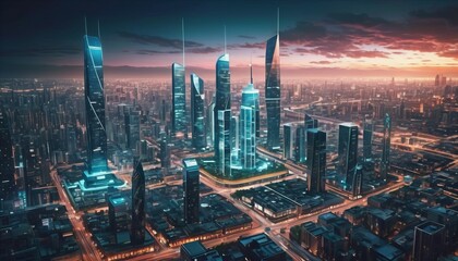 Obraz premium Skyscrapers and high-rise buildings. Futuristic city at night