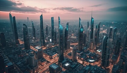 Skyscrapers and high-rise buildings. Futuristic city at night