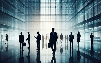 Fototapeta premium silhouettes of people walking in a modern glass office building