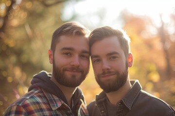 Fototapeta premium Two men beam with love and happiness as they pose in their autumnal plaid shirts, framed by the vibrant trees and showcasing their stylish tartan fabric and beards