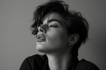 A striking monochrome portrait of a confident woman with short hair, her piercing gaze framed by bold eyebrows and delicate eyelashes, her neck and jawline emphasized against a textured wall, showcas