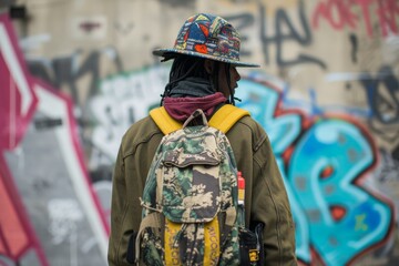A person wearing outdoor clothing and a headgear stands in front of a graffiti painted building, their backpack hinting at their adventurous spirit and love for street art