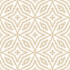 Vector geometric seamless pattern. Abstract gold and white folk texture with ornamental grid, lattice, stars, floral shapes. Tribal ethnic motif. Elegant background. Golden luxury repeat geo design