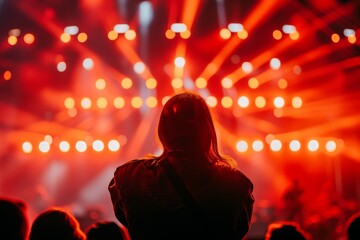 A person stands in awe, surrounded by the vibrant lights and energetic music of a concert, lost in...