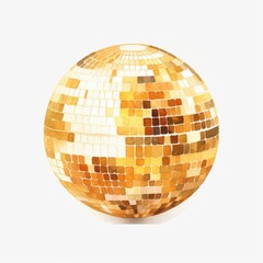 Watercolor-Style Golden Retro 70s Disco Ball with White Background