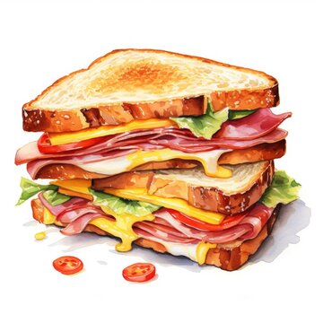 Watercolor-Style ham and cheese sandwich with White Background