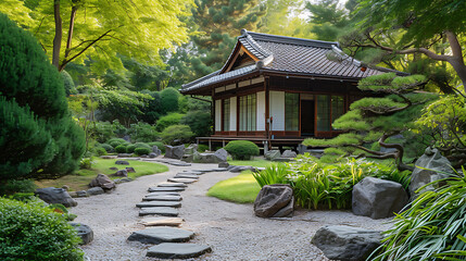 Immerse yourself in tranquility with this stunning traditional Japanese garden boasting a serene tea house and meandering stone path. Discover the epitome of Zen.