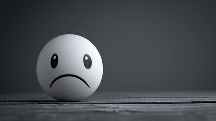 Small ball with a sad face on a wooden floor, black and white, space for text and other elements, stress and depression awareness template