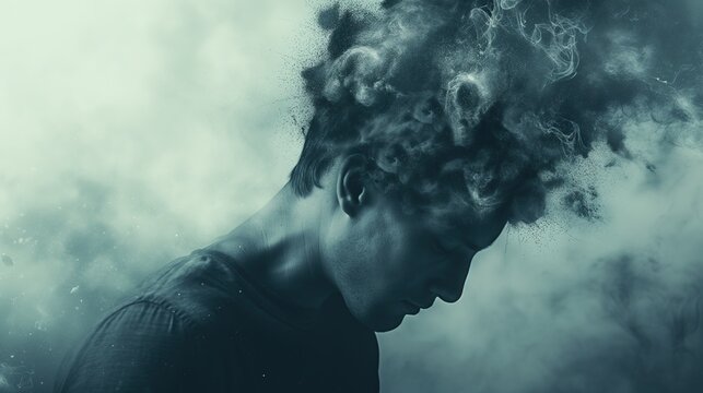 Portrait of a man with smoke coming out of his head, mental health and wellness imagery, green and blue tones 