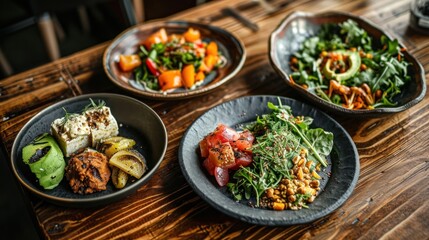 Fototapeta premium a wooden table topped with three black plates filled with different types of food and veggies on top of it.