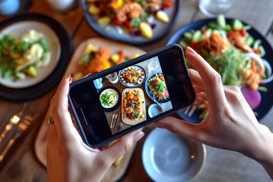 Overhead top view of a person taking a photo of their food with a phone for social media